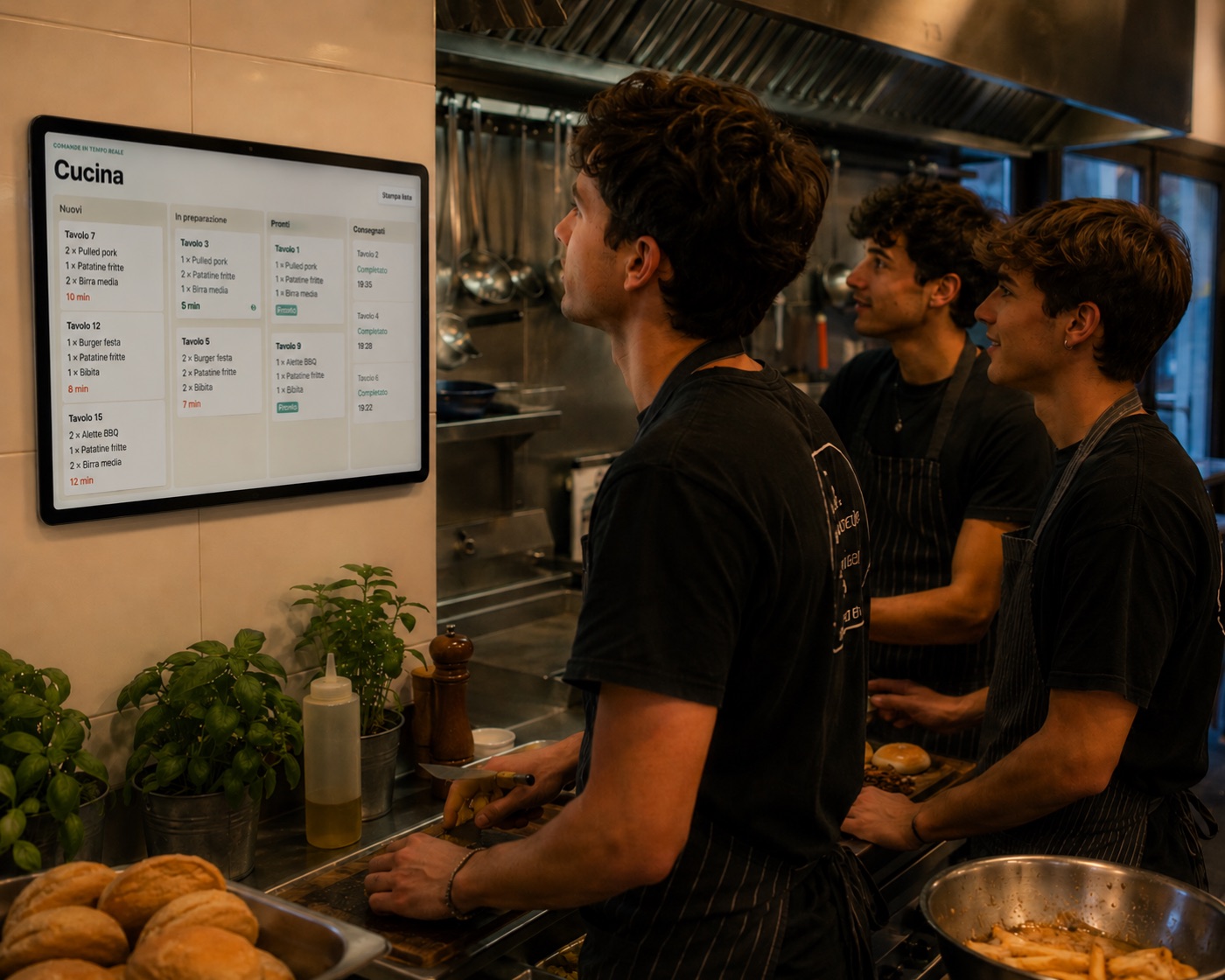 Staff cucina che controlla le comande FestaQR su uno schermo in tempo reale
