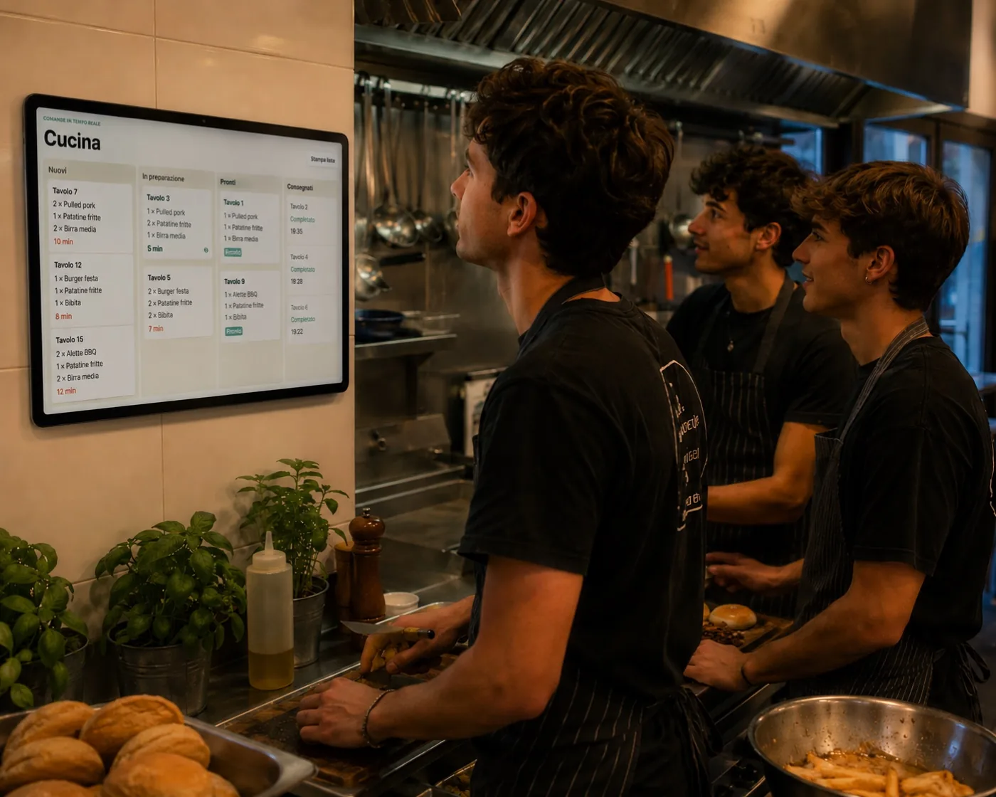 Staff cucina che controlla le comande FestaQR su uno schermo in tempo reale