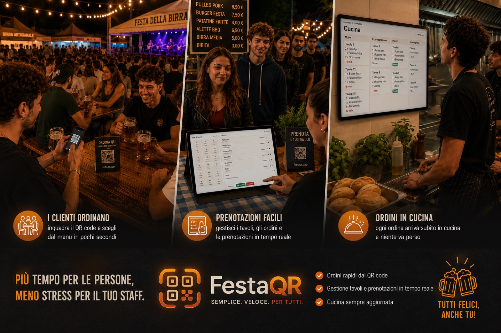 FestaQR mostra ordini QR, prenotazioni, sala e cassa e comande in cucina durante una festa