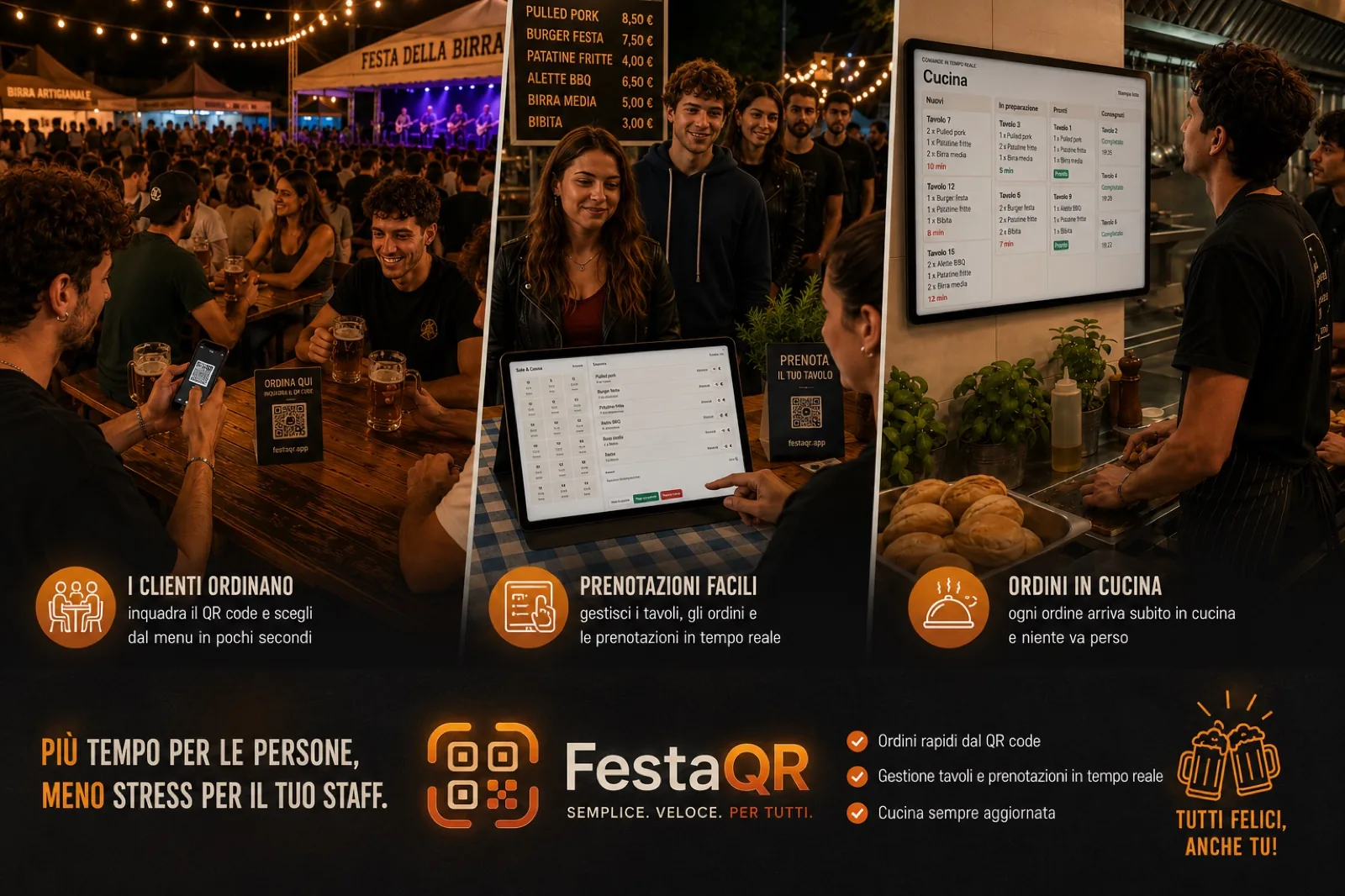FestaQR mostra ordini QR, prenotazioni, sala e cassa e comande in cucina durante una festa