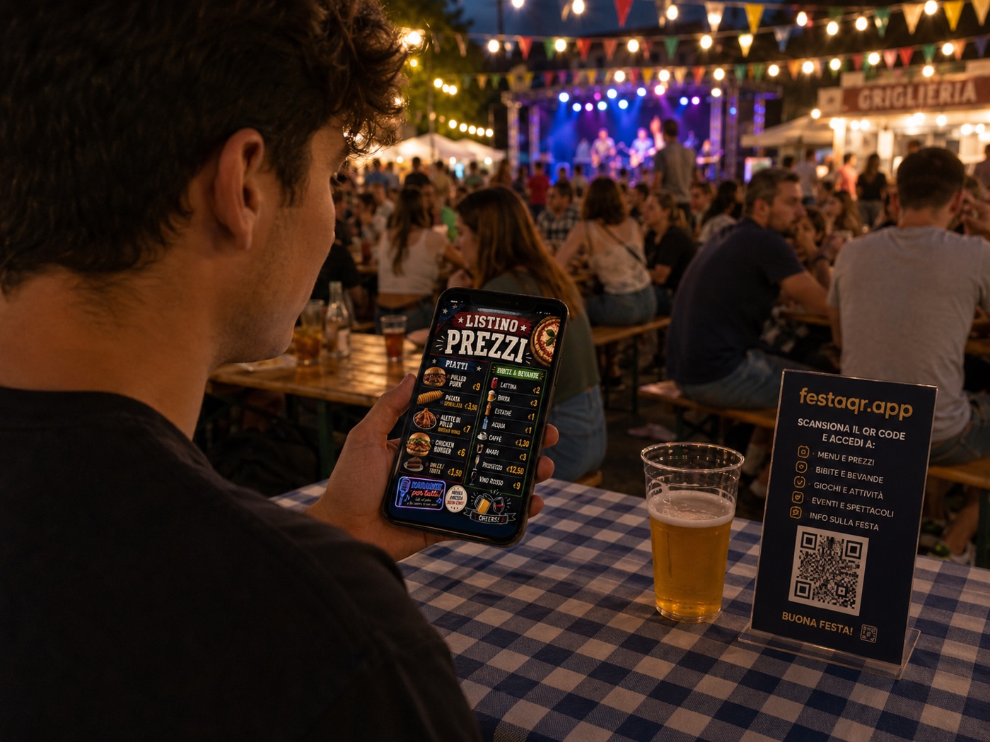 Persona che guarda il menu digitale FestaQR sul telefono durante una festa