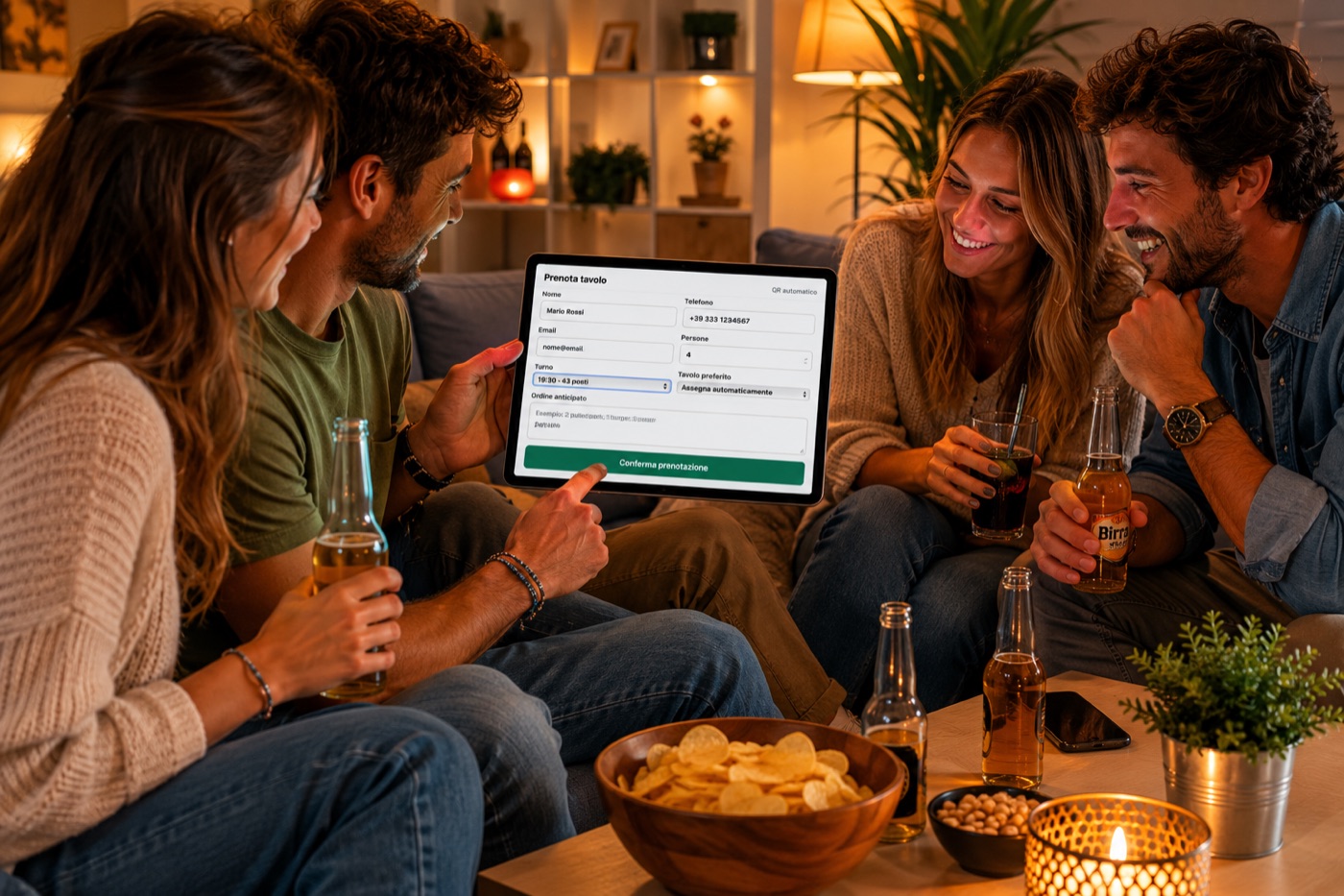 Gruppo di amici che prenota un tavolo FestaQR scegliendo turno e posti su tablet