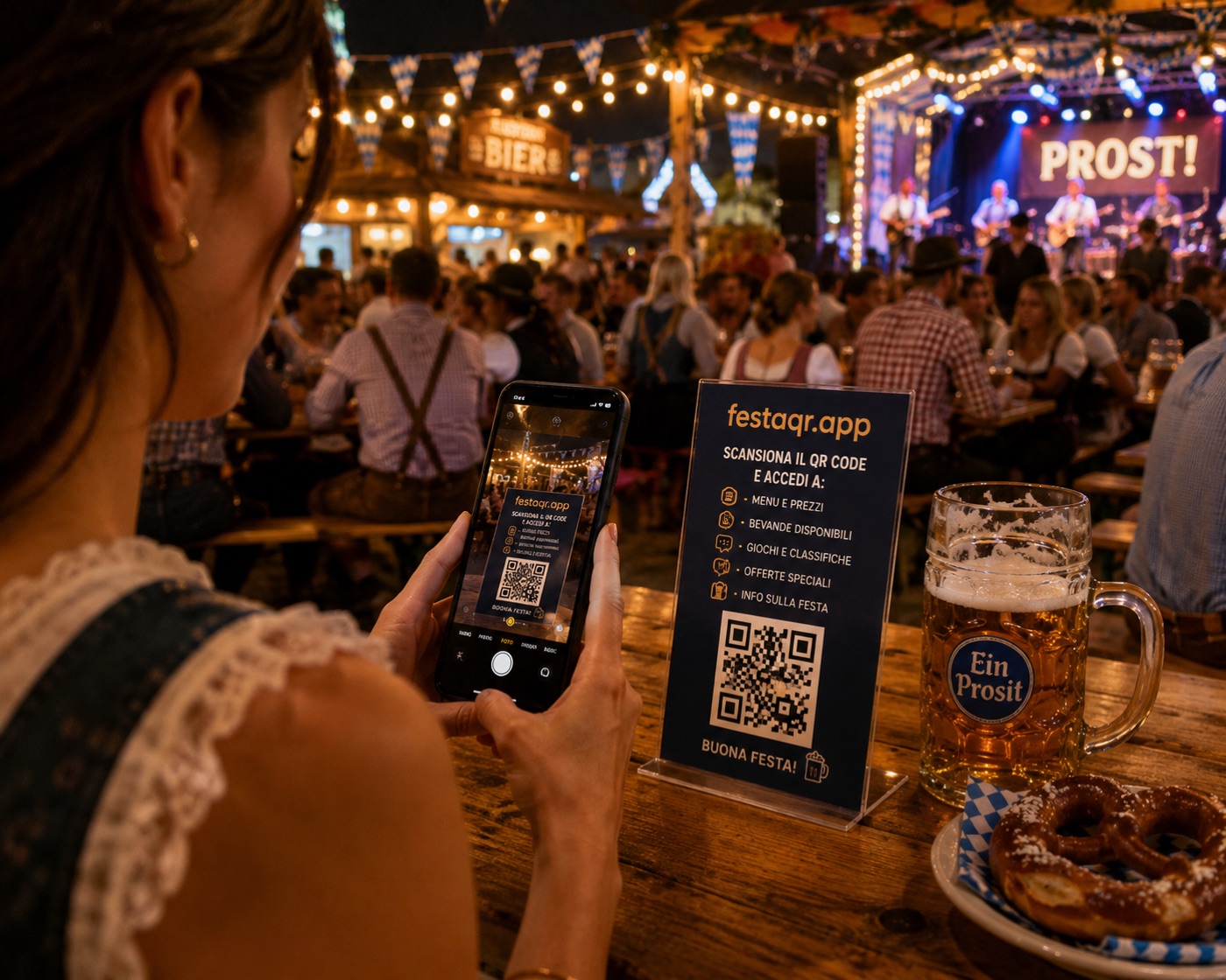 QR FestaQR al tavolo durante una festa serale