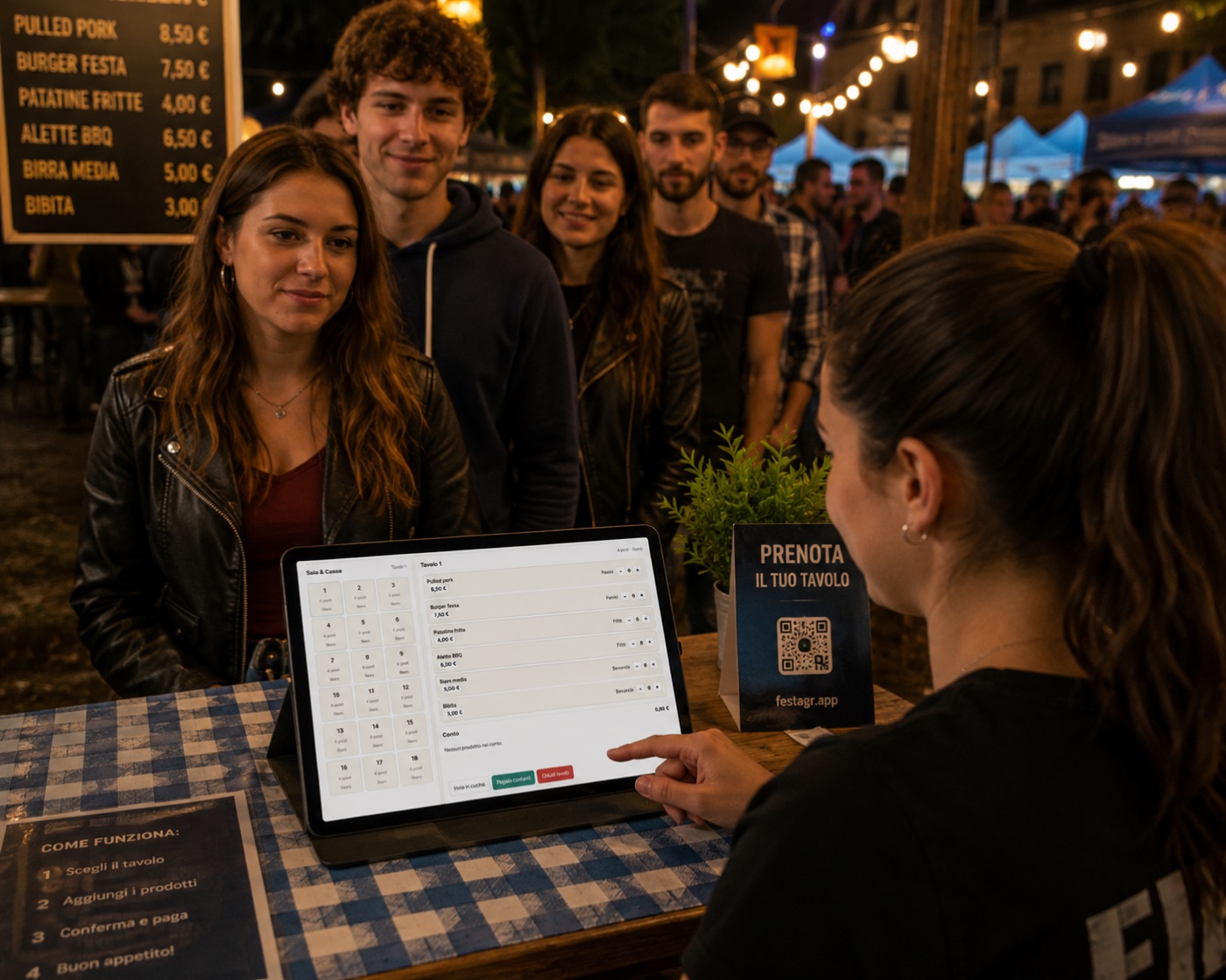 Operatrice che gestisce sala e cassa FestaQR su tablet con clienti in fila